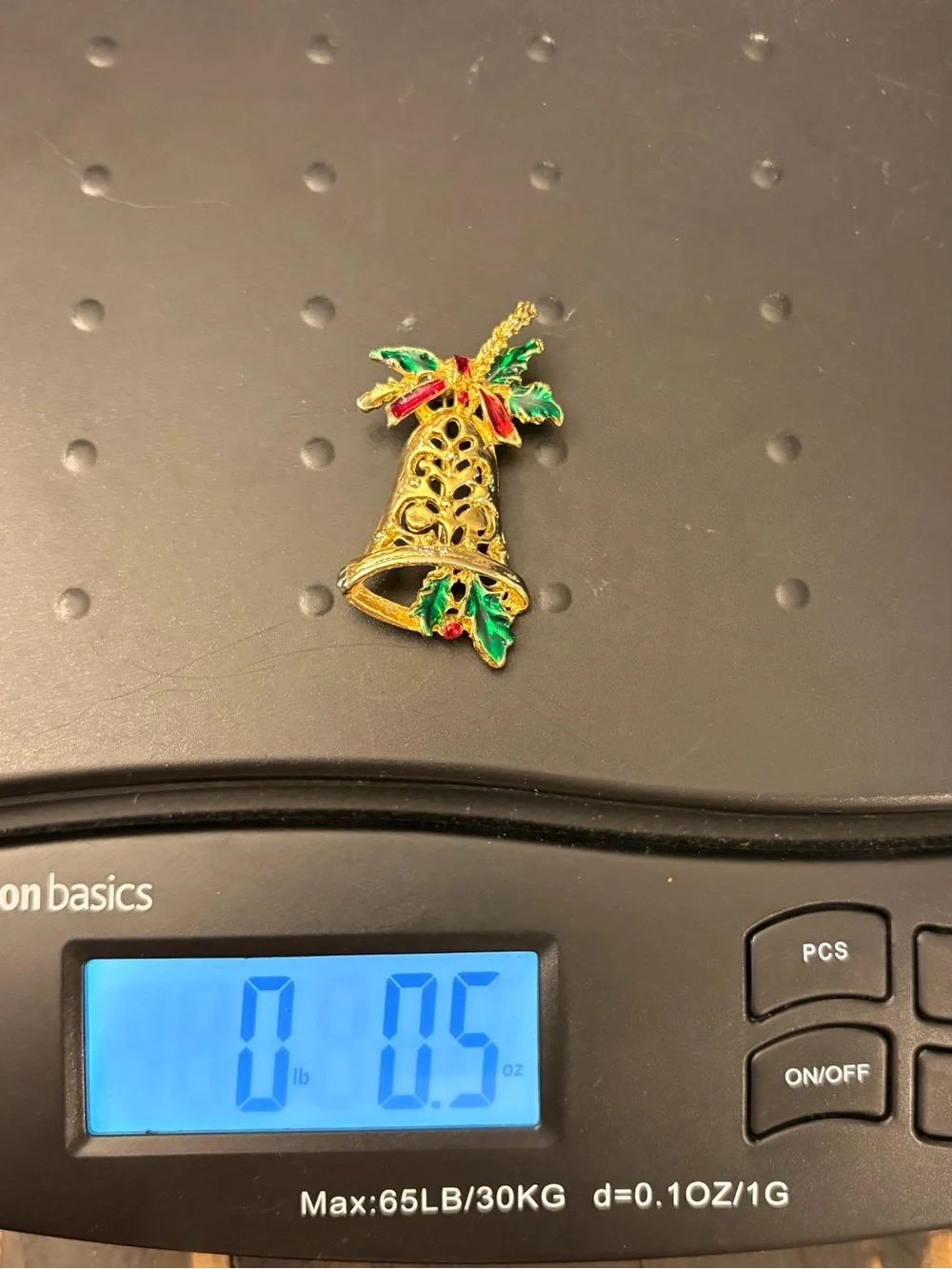 Gold‎ Tone Bell Brooch Christmas Holiday Pin Holly Leaves Red Green Enamel